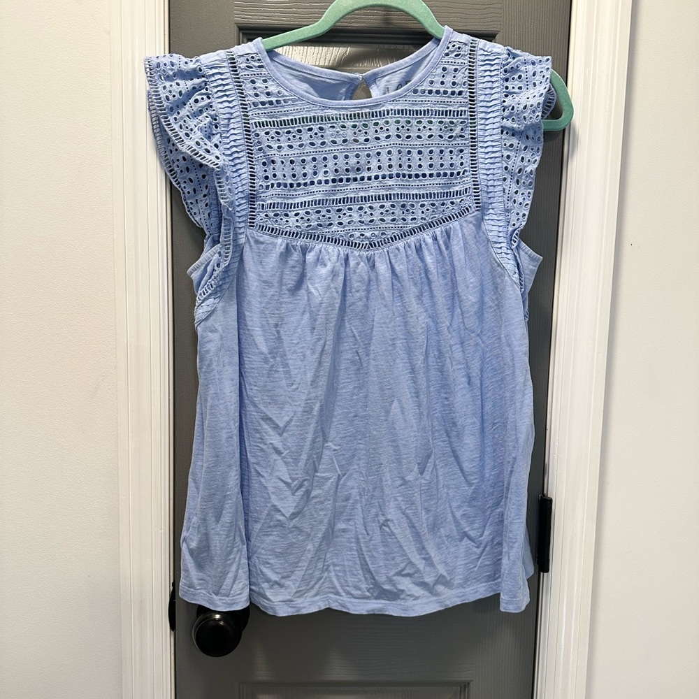 Loft women’s flutter sleeve shirt with crochet accent. Size L